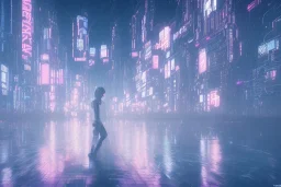 3D, beautiful, light reflecting, empty future city at night, rainy night, neon, cyberpunk, tron, one cyborg walking, 8k, hdr, high contrast, finely detailed, photo realistic