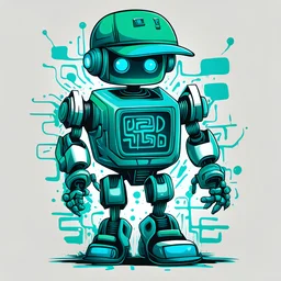 Vector t shirt art ready to print green blue cyan light graffiti illustration of a robot boy and a basecap with text "Digi".On cap, white background.