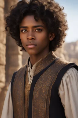 young dark skinned sorcerer of fourteen years old, with wavy short black hair and brown eyes dressed in an aristocratic tunic