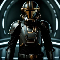 star wars bald male corellian pilot wearing gunmetal grey and black First Order armored special forces TIE pilot flightsuit and helmet with gold trim inside the jedi temple, centered head and shoulders portrait, hyperdetailed, dynamic lighting, hyperdetailed background, 8k resolution, volumetric lighting, fully symmetric details