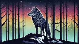 humanoid looking wolf, turning to face you, dark forest background, glowing eyes. staring, , starry night sky, dark rainbow gradient sky, standing at the top of a mountain, howling