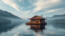 Casa Grande, luxuosa de dois andares flutuante em um Lago Um espaço de meditação flutuando em um lago calmo ao redor montanhas, céu lindo e florestas. O ambiente é sereno com a brisa, liberando fragrâncias suaves e relaxantes.