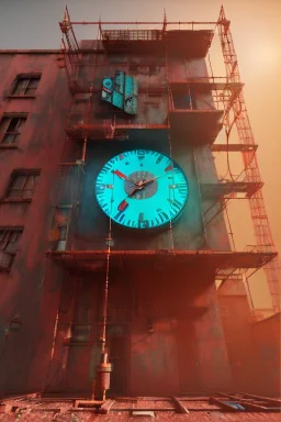 futuristic pinhole camera in Kente, rusted clocks lens, cinematic, scaffolding, cyberpunk, 8k quality