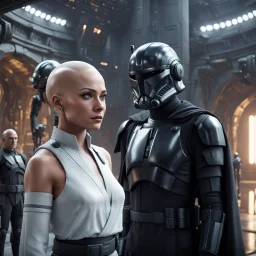 a bold and heroic bald male Corellian pilot in black and metallic grey First Order special forces gear meets a female Jedi Master in ancient, mystical temple, hyperdetailed, dynamic lighting, hyperdetailed background, 8k resolution, volumetric lighting, light skin, fully symmetric details