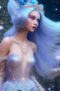 woman glitter blue fairy in a galactic ambiance, long blue hair, detailed gorgeous smile, delicate colors in the foreground, full of details, smooth, light effect，vaporwave colorful, smooth, extremely sharp detail, finely tuned detail, ultra high definition, 8 k, unreal engine 5, ultra sharp