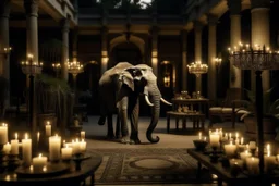 interior patio of a large house illuminated at night with candles and candelabras and in the middle of the patio an elephant, cinematogrphic image