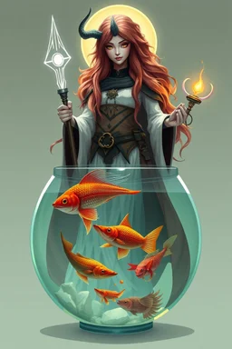 good low poly merman thief priest woman with long fur all over her entire body and bright aura and a nerd magical wizard devil fish in a bowl