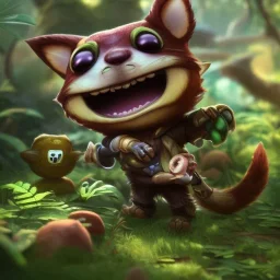 Cute teemo, league of legends, in the jungle, intricate detail, cinematic, 8 k, cel shaded, unreal engine, featured on artstation, pixiv, cartoon style