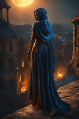 The horrifying female Shadow of Death. frightening. Horror. standing on a hill watching a medieval city. fantasy art, blue and orange, gold, silver, copper, marble Cinematic lighting, Volumetric lighting, Epic composition, Photorealism, Very high detail, Character design, Unreal Engine, Octane render, HDR, Subsurface scattering