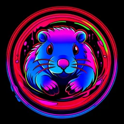 anime Capybara with neons red, blue, purple and pink colours in a melting cirlce with medium under word "KISSABLE" in neon red, blue, purple and pink on a black background.