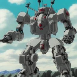 mecha with tracks for a tank. His body is armor and his hands are machine guns. The robot head has glass and the driver is an animal