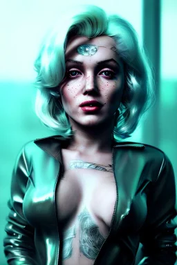 Ultra Realistic image, portrait, blonde woman, sweet Marylin Monroe face, perfect iris, glow eyes, glow makeup. Cyborg, Cyberpunk style, latex coat, yakuza tattoos body. fog, rain, soft color, highly detailed, unreal engine 5, ray tracing, RTX, lumen lighting, ultra detail, volumetric lighting, 3d, finely drawn, high definition, high resolution.