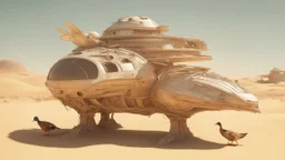 duck shaped space ship in the desert surrounded by lost things
