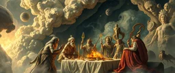 a myrriad and a star golem feast with greek gods, swirling illusion clouds, walls caving in, indian gods also
