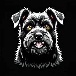 head of an angry scruffy black terrier on black background, yellow eyes, defined teeth, turnedside, illustration