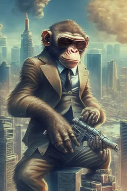 criminal monkey with a machinegun and sunglasses. Realistic image, City Background, monkey wearing a suit, smoking a cigar