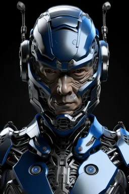 Cyborg armor with helmet on head serious face