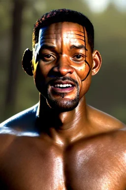 ein perfektes bild von will smith als neanderthaler,kopf portrait,realistic, indianer,gesichtsbemalung, perfect face, sharp focus, woods, kostüm, häuptling, federn,8k quality