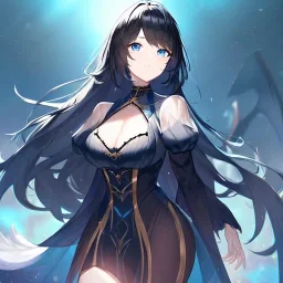 Clear focus, High resolution, girl wearing a demon slayer outfit, long fluffy black hair, blue eyes,