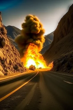 fire explosion under cracked mountains rocks road