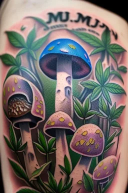 Weed and mushroom, calf tattoo design, highly detailed close up shot, 8k, HDR, clear picture, highly detailed, high resolution