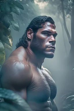 Photoreal henry cavill as a gorilla in the jungle at dawn by heavy mist