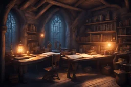 fantasy medieval study room with a desk, at night