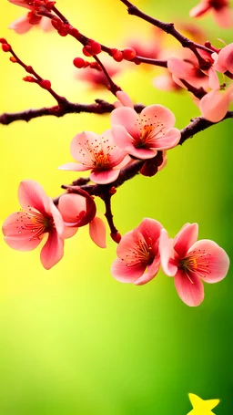 Yellow, red, purple, plum blossoms, green leaves, HD, small aperture, large depth of field, starry background