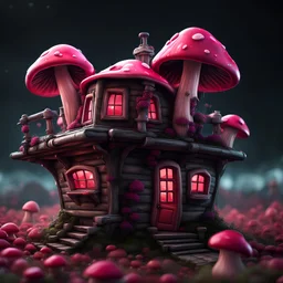 A funny floating mushroom house in space. neutral colors, black pink red, Detailed gloss Painting, rich color, fantastical, intricate detail, splash screen, hyperdetailed, insane depth, concept art, 8k resolution, trending on Artstation, Unreal Engine 5, color depth, dynamic lighting, splash art, dramatic, masterpiece, excellent quality beautiful Imaginative, unique,
