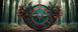 High-end hyperrealism symmetrical Steampunk ((logo ARD)), swords and shield symmetry, placed 30 metres away from the camera, inspired cinematic photography, symmetry forest alley background, Aesthetic combination of sage green and blue metallic and honey red, Vintage style with brown pure leather accents, Art Nouveau visuals with Octane Render 3D tech, Ultra-High-Definition (UHD) cinematic character rendering, Detailed close-ups capturing intricate beauty, Aim for hyper-detailed 8K