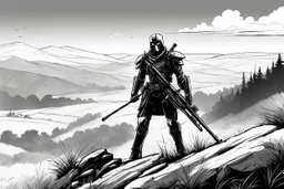 A Terminator as a sniper on a hill in the bush, his long rifle on a rock, ready to fire. Record of Lodoss War style, Linework: Expressive, expressive black ink line art with variable stroke weights. Crisp contours define silhouettes while fine hatching adds subtle depth and form.