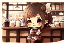 contented cute chibi girl in coffee shop