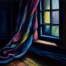 silk shadows: smooth, flowing darkness, open window oil pastel