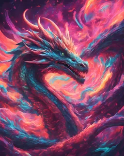 Close up shot, Dragon in a vibrant synthwave dreamscape, neon chaos swirling energetically around pixelated forms, a dynamic fusion of retro gaming nostalgia and futuristic abstraction