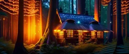 a library in forest with fireflies and orange mystic lights around trees that have wide leaves and broad trunked. Night with moon light.