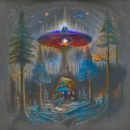 a black metal album cover showing a dark forest with a house in the distance and a UFO in the sky