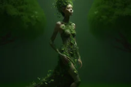 full body shot of a young woman covered in tiny green filigree leaves, emerging from a summer tree, detailed matte painting, deep colour, fantastical, intricate detail