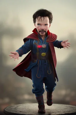 Doctor strange toddler, serious, portal, full body, jump, bokeh, hyper realistic