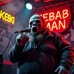 a very fat swedish man, with a skimask with only a hole for the mouth (no eyes), he is called "KEBAB MAN" performing at death metal club, his name is "KEBAB MAN" kebab rolls On stage, kebab Neon lights and smog, and "KEBAB MAN" big sign on the wall, he singing with mic, text in swedish! no translate mr. stable ai, text in swedish! no translate mr. stable ai, text in swedish! no translate mr. stable ai