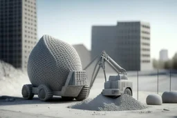 Knitted grey concrete mixer next to a construction site in sunshine