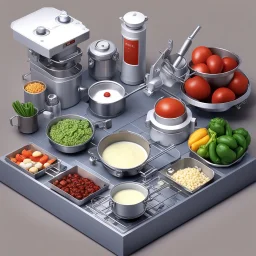 Realistic, detailed photographic 3D isometric perspective image from Angel Heart (1987): cooking kit: Made for recipes on an alien planet: include: Electric mixer, blender, food processor, slotted spoon and chef's knife, measuring cups, spatula, whisk, ladle, can opener, vegetable peeler, food pills and a flour, sugar, salt, spices, dried herbs, bouillon cubes, pots, pans, plates, bowls, and utensils, trussing poultry or tying bundles of herbs, etc.Make it simple and labeled.‘ in New Orleans He