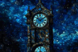 A dark blue clock tower in a galaxy designed in ancient Roman mosaics painted by Claude Monet