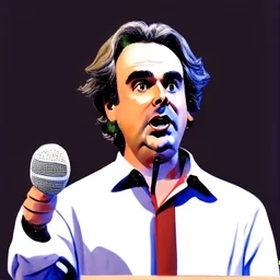 vector illustration man with a 50 centimeter long nose speaking at a lectern with microphone, (((black background))), white, black and red colors