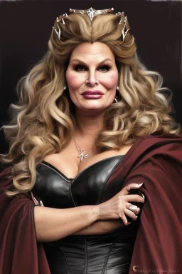 painting of jennifer coolidge as evil queen in black leather, feminie, angry, stern look on her face, volouptous, busty, cleavage, emperious, mature, highly detailed, digital painting, artstation, concept art, smooth, sharp focus, illustration, art by gaston bussiere and alphonse mucha