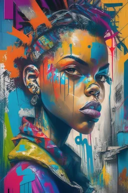 A bold, graffiti-style portrait of an individual surrounded by expressive, street art-inspired elements, including vibrant colors, dynamic brushstrokes, and urban motifs, encapsulating the subject's unique personality and connection to their city's cultural scene.