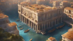 a roman town divided by a river next to the ocean. marble and gold. fantasy. cinematic lighting, hyper realisme, Hyperrealistic, splash art, concept art, mid shot, intricately detailed, color depth, dramatic, 2/3 face angle, side light, colorful background