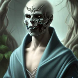 portrait of vampire poet wearing soft robes and blue gloves,dark stone statue, lively eyes,hidden hands, framed by foliage, shiny eyes, skull & scroll