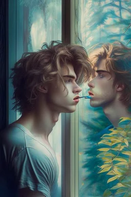 beautiful boy with pretty hair in age 25 his gay and smoking behind window while looking outdoor trees. His boyfriend try to kiss him