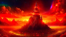 magic tower , mountains. space color is dark ORANGE vulcvolcano where you can see the fire and smell the smoke, galaxy, space, ethereal space, cosmos, water, and panorama. Palace, Background: An otherworldly planet, bathed in the cold glow of distant stars. gloomy landscape with dramatic HD highlights detailled