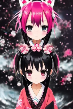 A Cute anime Kunoichi girl, kitsune mask, pink hair buns, pink bangs, traditional black designer kimono, full body art, intricate details, eyes perfectly aligned, full body portrait, red ribbons, slight smile, black constellation motif, windy, concept art, mini tornado stickers, black fishnet wear, highly detailed, digital painting, artstation, concept art, sharp focus, illustration, art by WLOP and greg rutkowski and alphonse mucha and artgerm and yanjun Chen and Junji ito